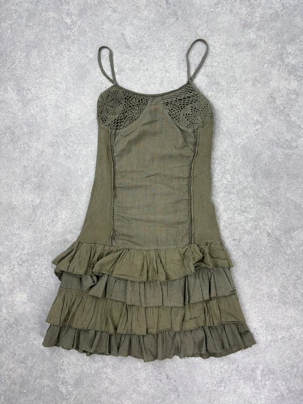 Khaki cotton ruffle lace mini dress