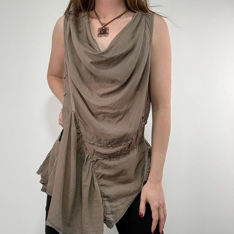 khaki brown draped slouchy asymmetric vest