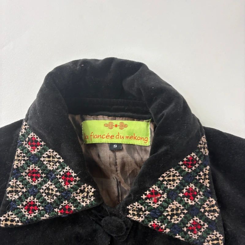embroidered black velvet longline jacket