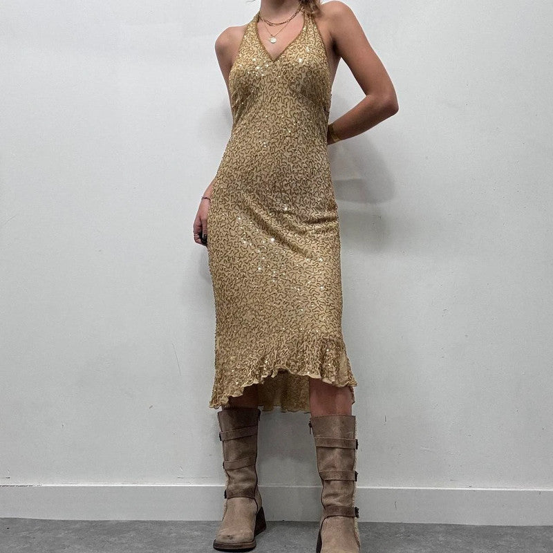 gold beaded silk halter neck midi dress