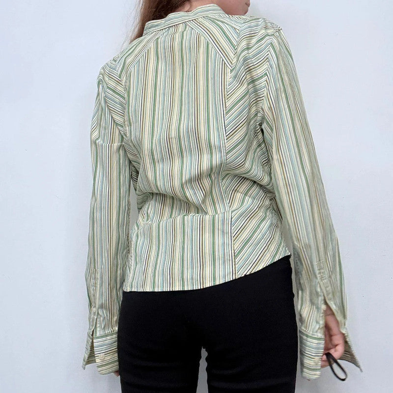 green pinstriped high neck button shirt