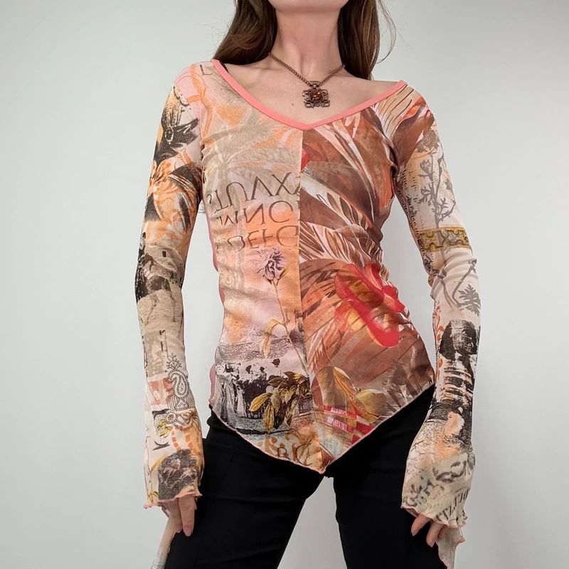 Graphic Mesh Printed Grunge Top