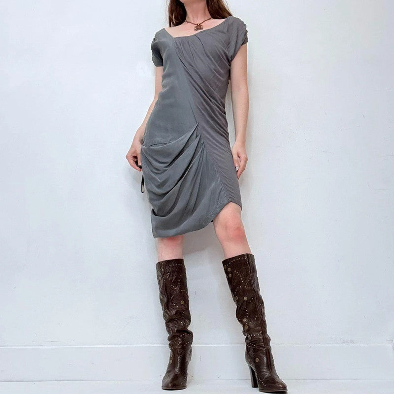 asymmetric draped gathered midi dress