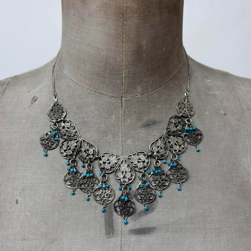 silver boho wire flower necklace