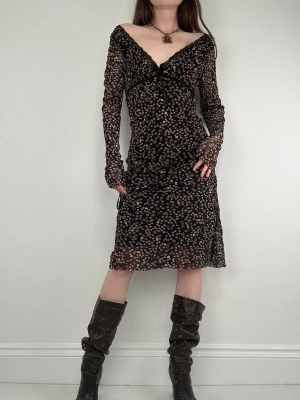 black polkadot long sleeve mesh slouchy dress