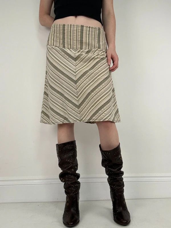 khaki striped chevron pinstripe midi a-line skirt