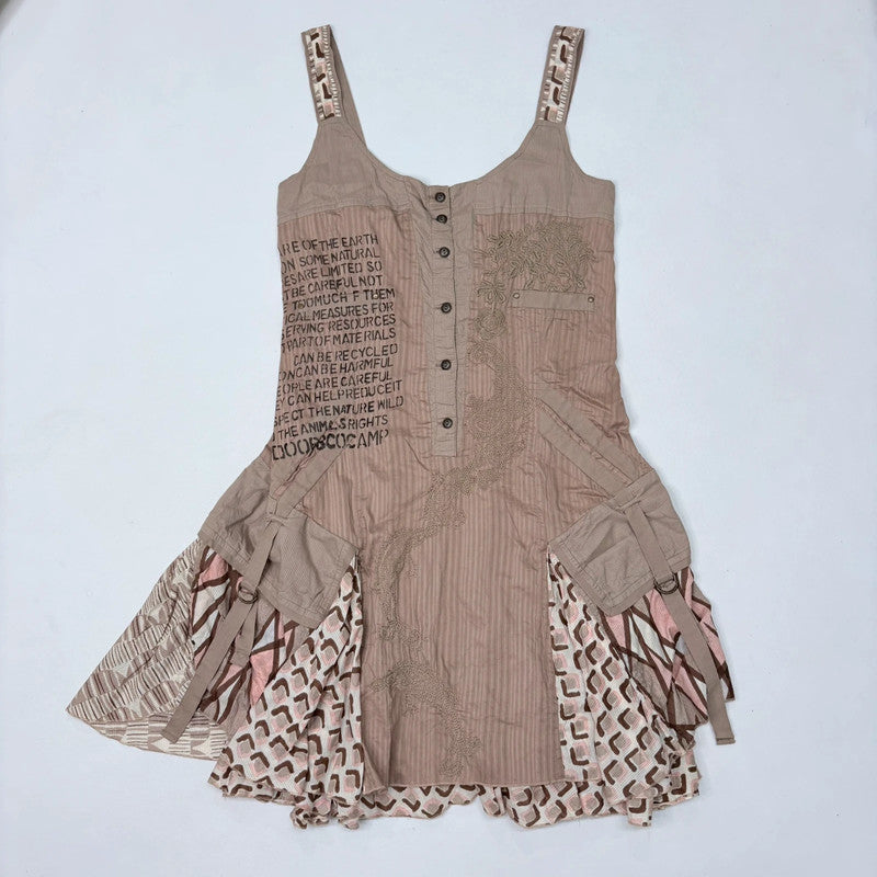 brown flared pinstriped patchwork grunge dress