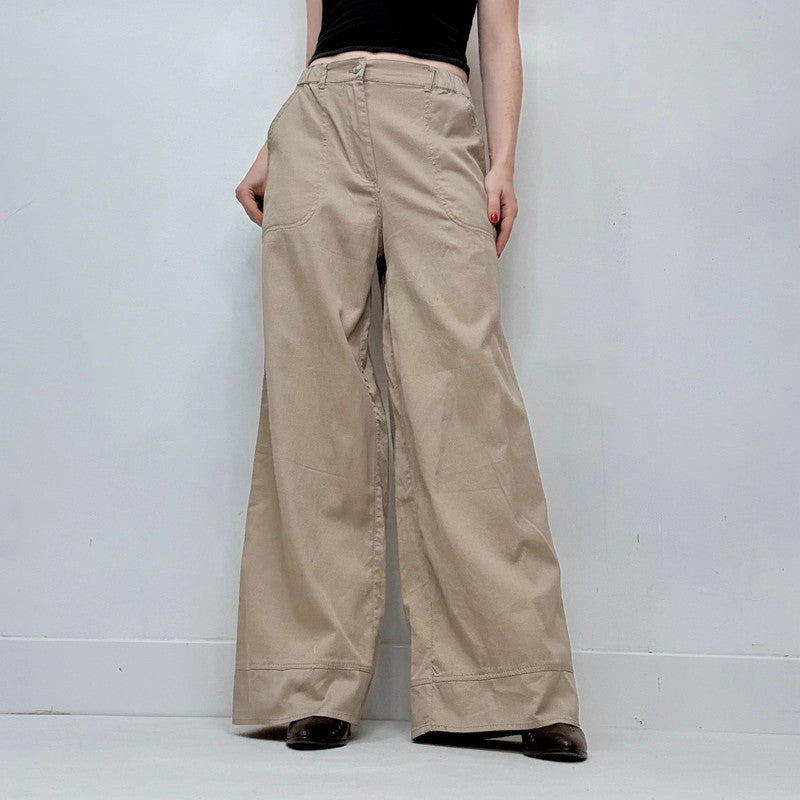 tan khaki wide leg flared trousers