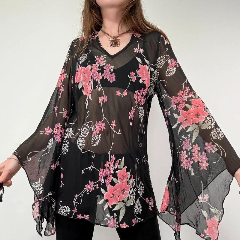 Sheer Black Asymmetric Flutter Blouse