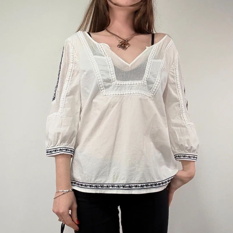 White Crochet Embroidered Cotton Blouse