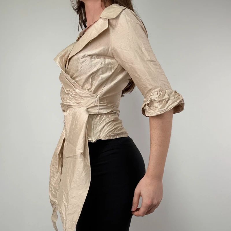 gathered crinkle silk structured wrap shirt