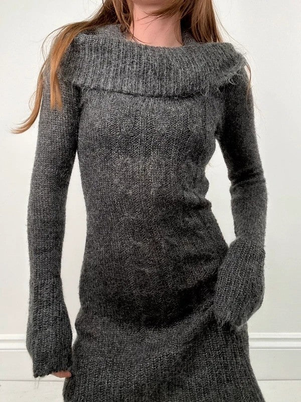 grey mohair knit slouchy off the shoulder dress