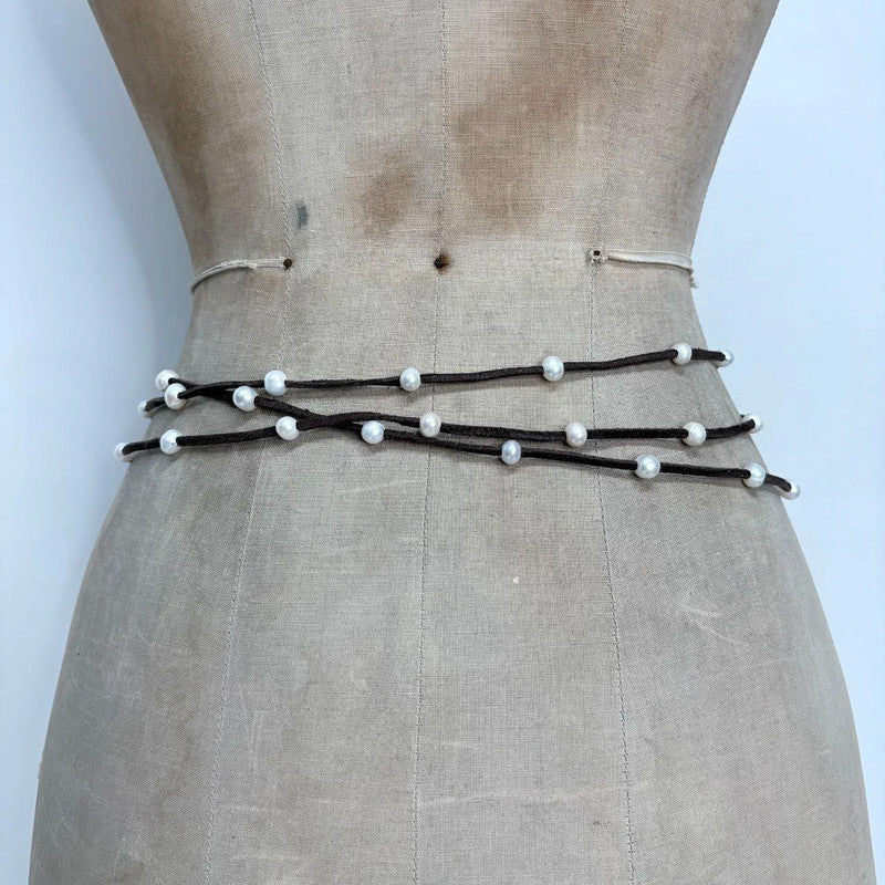 brown suede pearl wrap waist beads