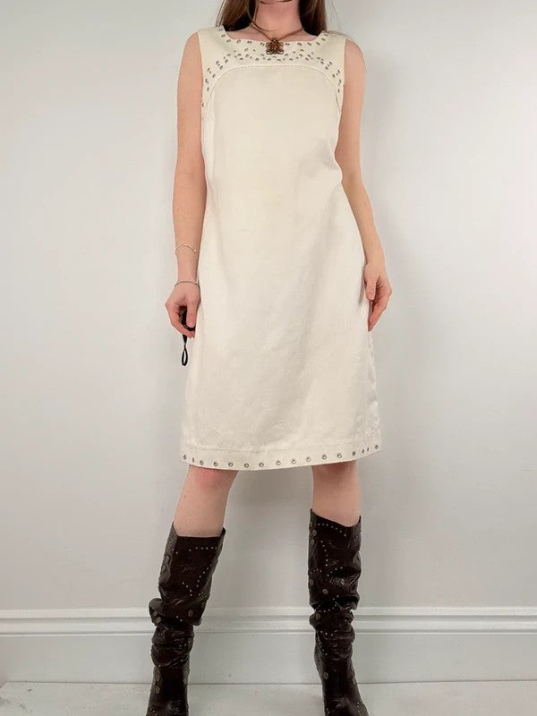 cream cotton linen a-line studded midi dress
