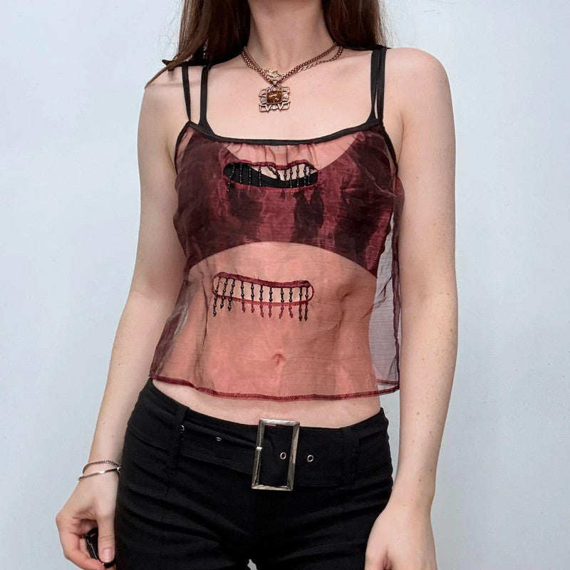 sheer red beaded tassel fray vest