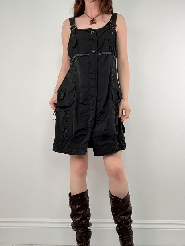 black grunge utility stuctured midi dress