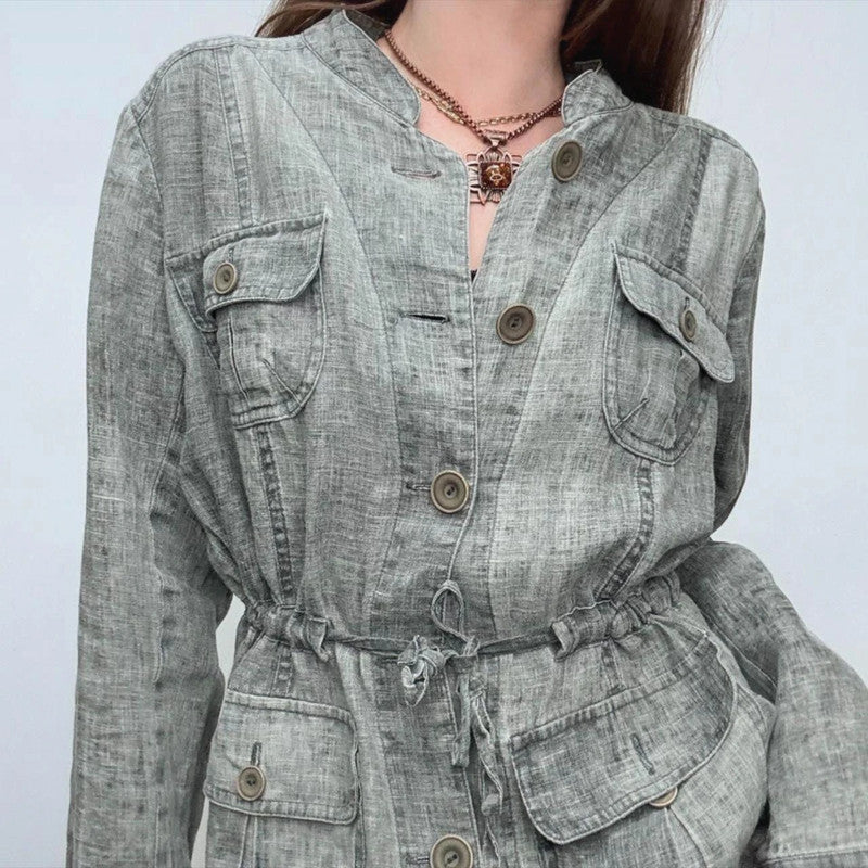 grey linen distressed cinched cargo shirt