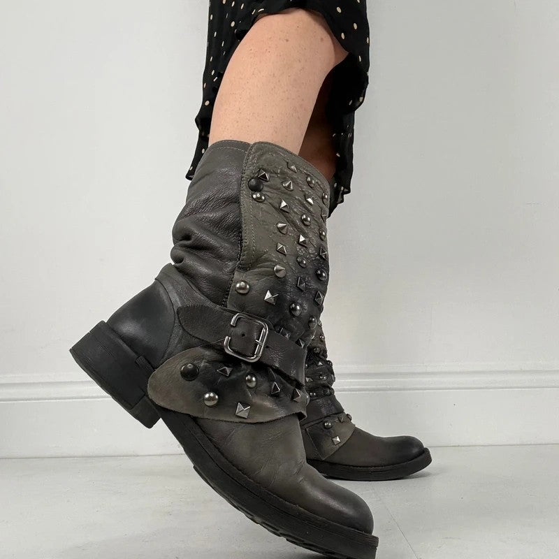 Grey studded slouchy leather boots
