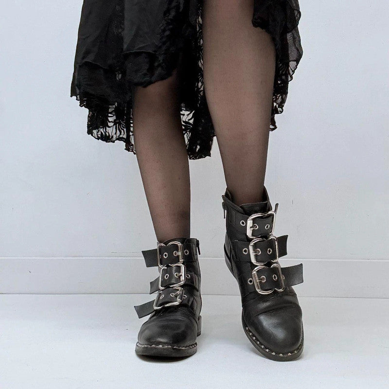 black leather studded buckle boots
