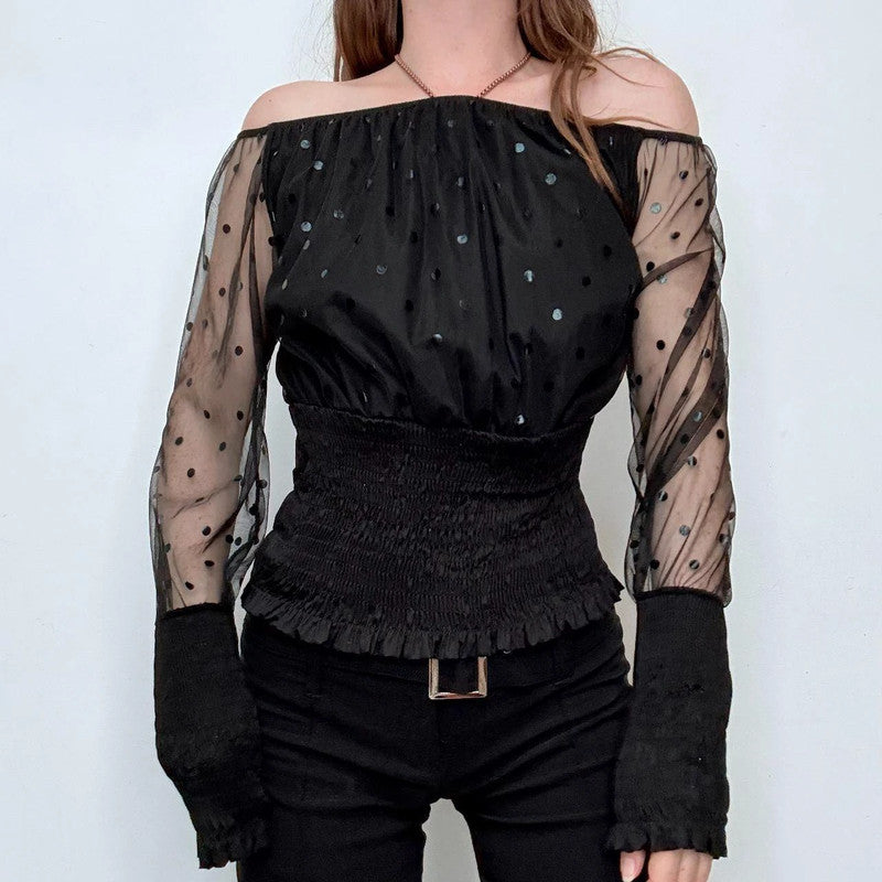 black off the shoulder sheer polkadot top