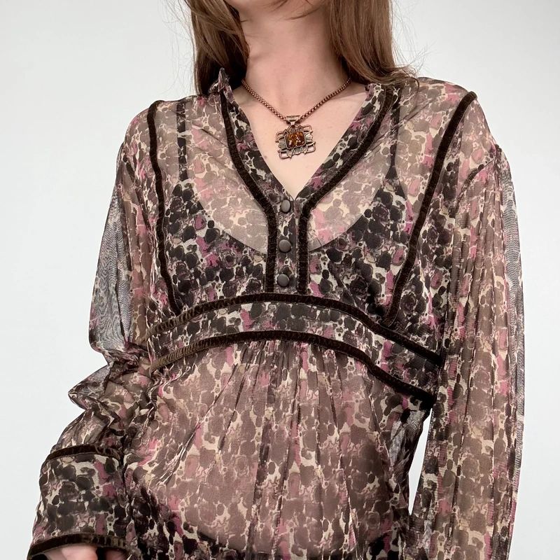 sheer brown and pink printed flared shirt