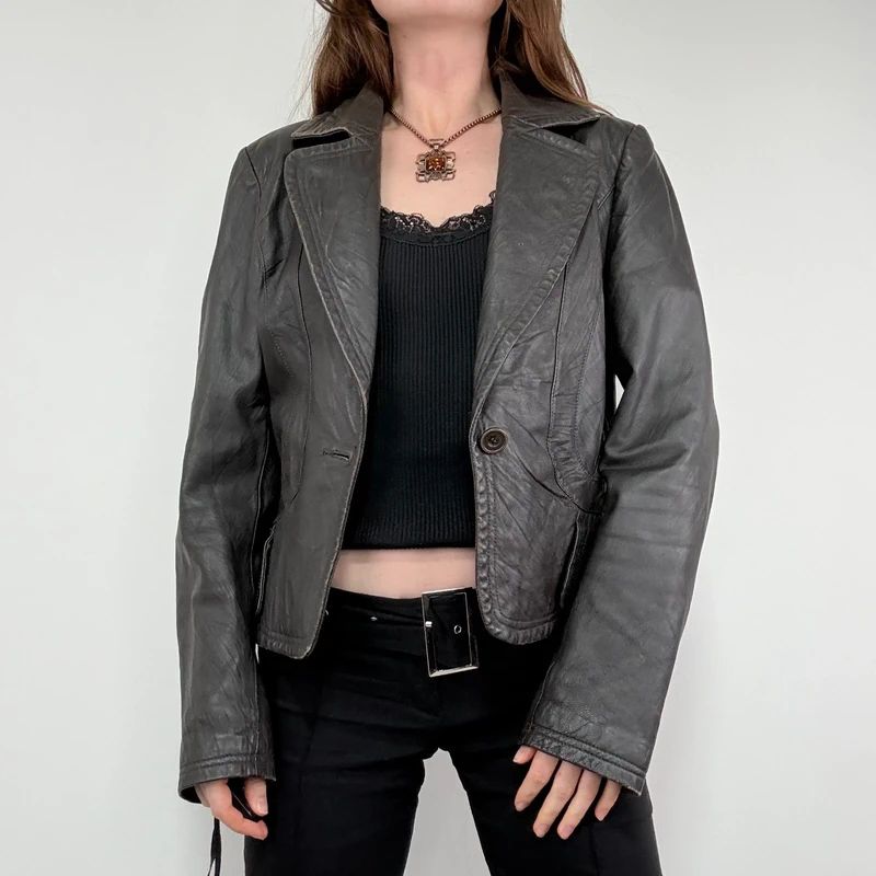 cropped dark brown leather jacket