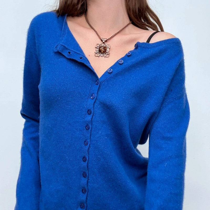 blue cashmere button up slash neck cardigan