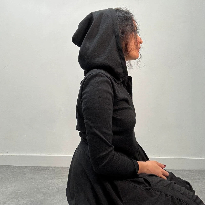 black gathered puff shirt dress