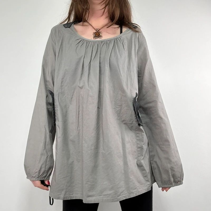 utility khaki pleated blouse with harness braces