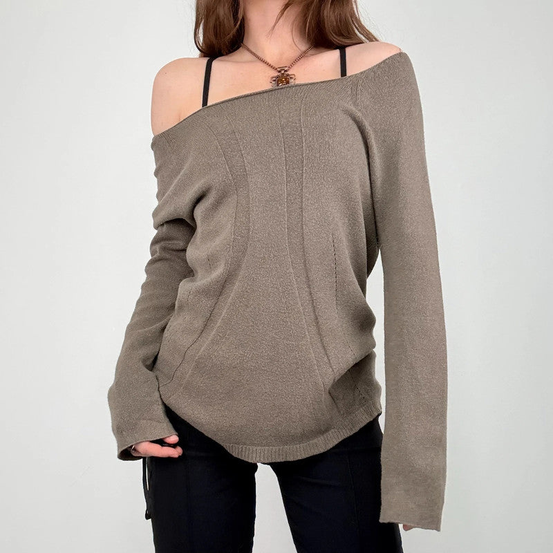 slouchy brown knit off the shoulder jumper