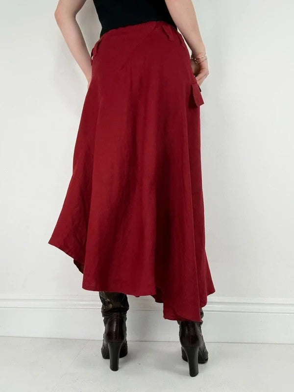 red linen bias cut asymmetric maxi skirt