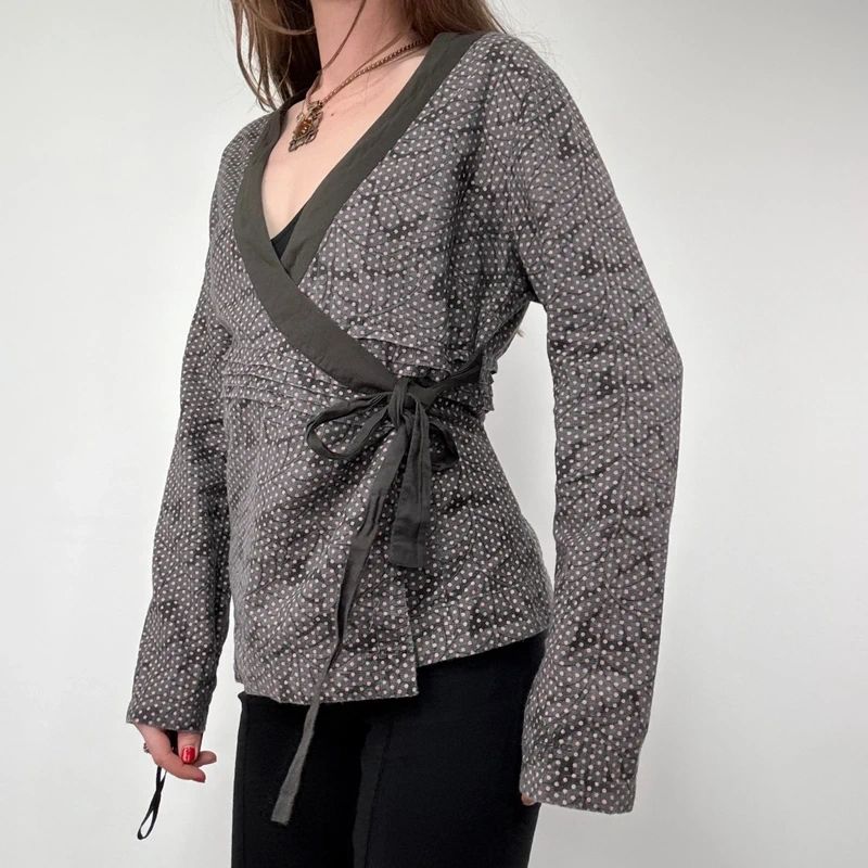 brown polkadot wrap shirt