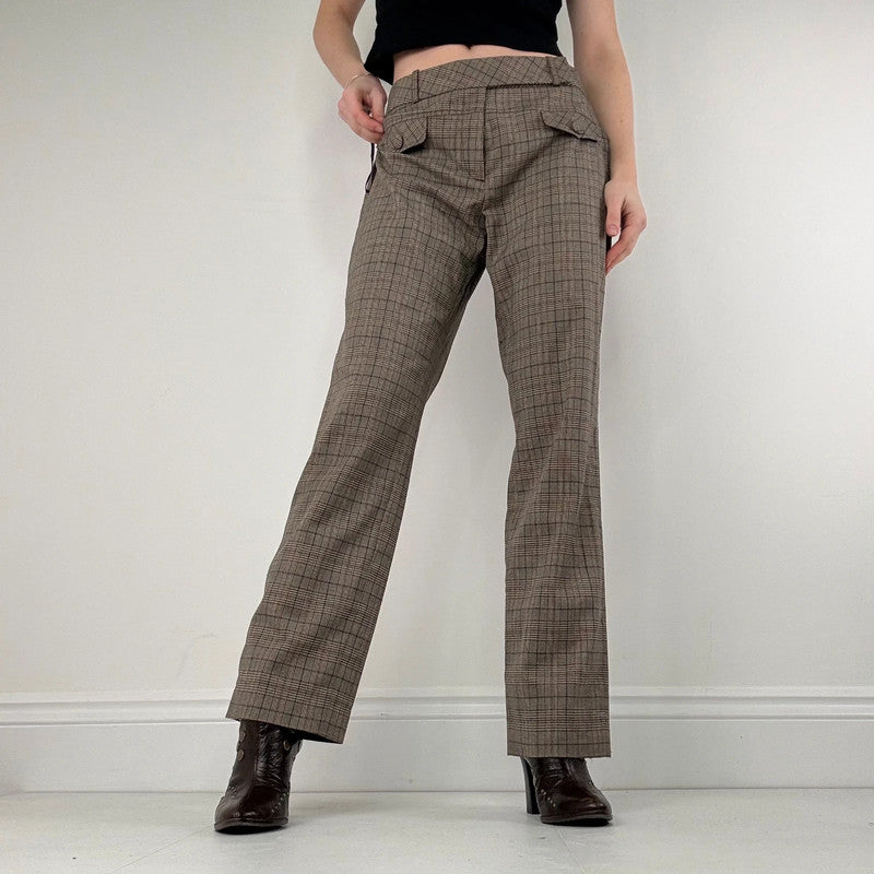 brown tartan checked wide leg suit pants
