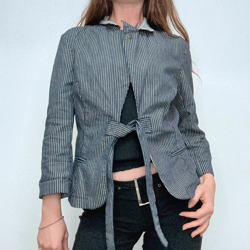 pinstripe morgan high neck popper jacket
