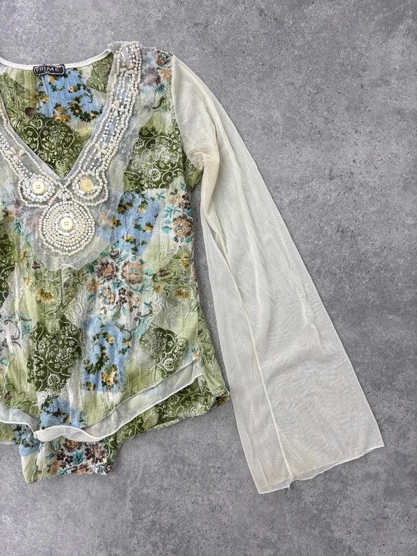 Mesh boho flare paisley print blouse t-shirt