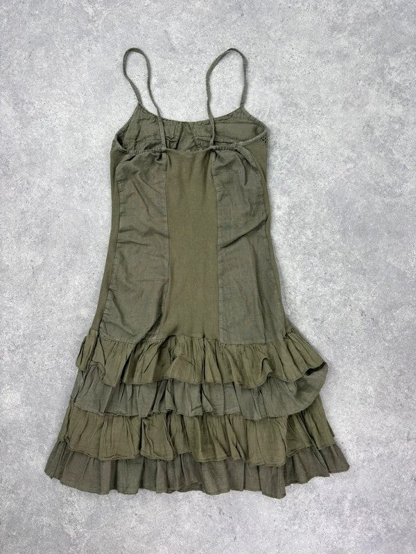 Khaki cotton ruffle lace mini dress