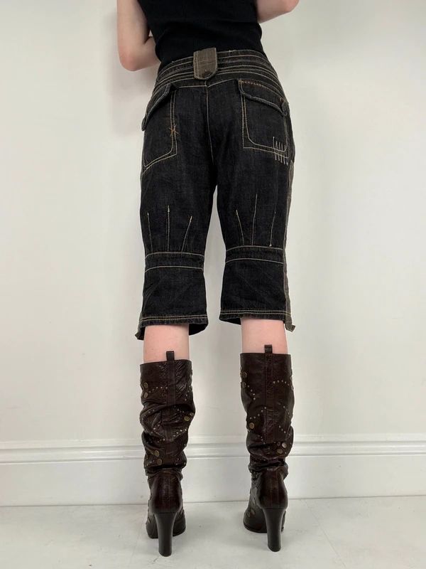 distressed black denim jorts capri pants
