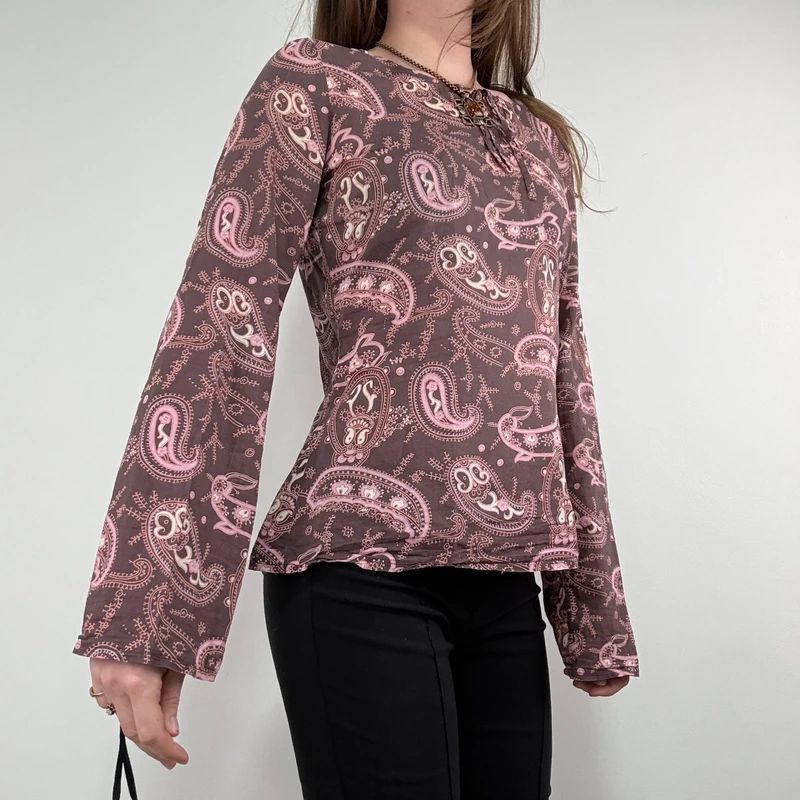 brown and pink paisley flared cotton boho shirt
