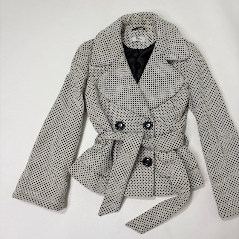 cream wool polkadot flared pea coat