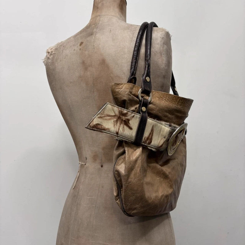 tan leather buckle cowhide shoulder bag