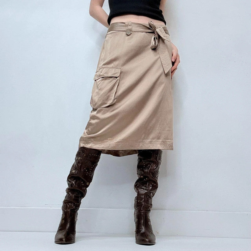 brown cargo 100% silk midi skirt