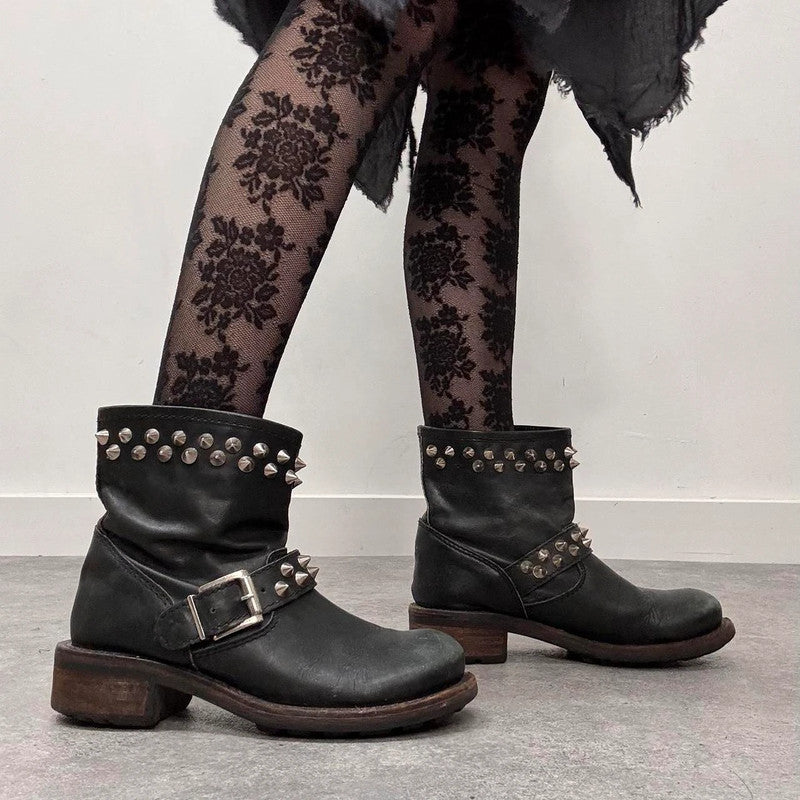 black leather punk studded boots