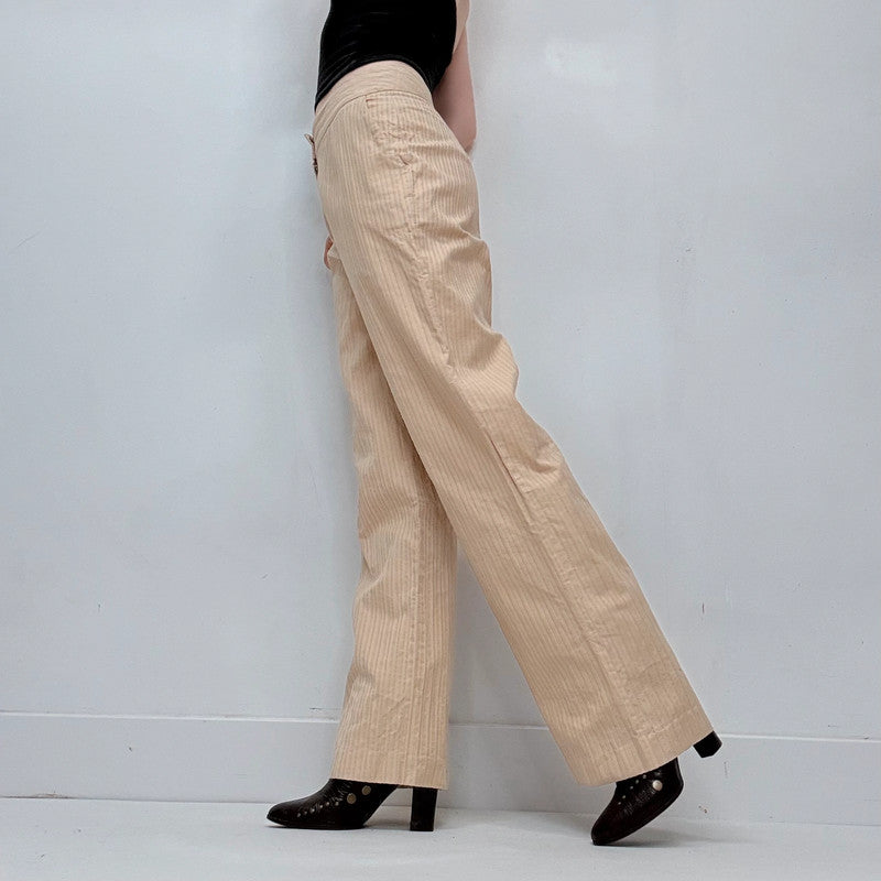 textured pleated pinstripe wide leg flared cotton pants