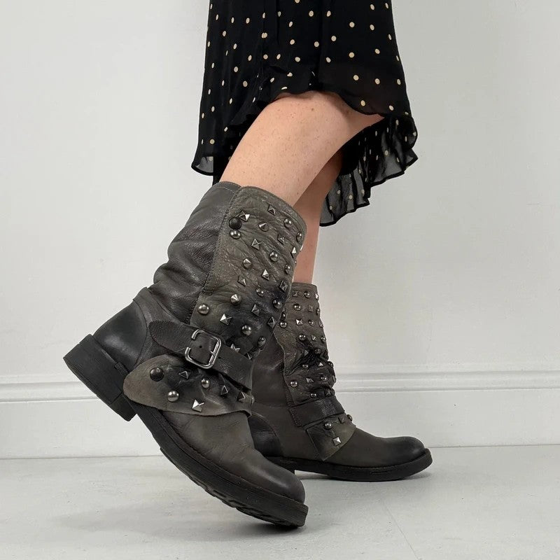 Grey studded slouchy leather boots