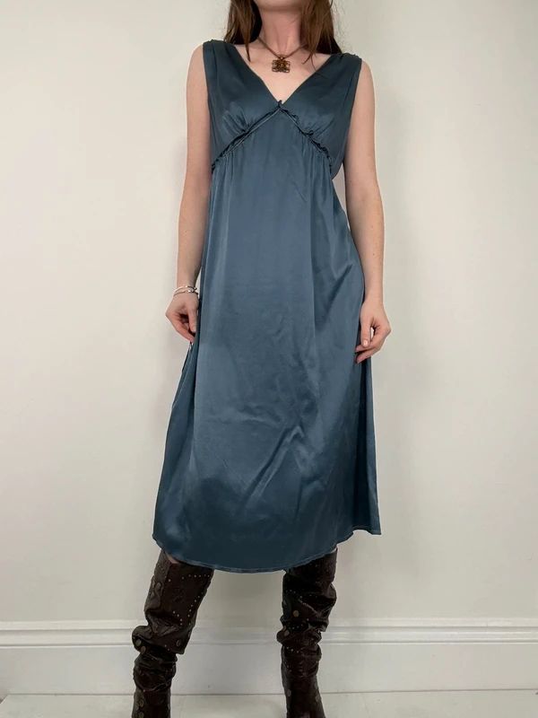 blue silk gathered floaty bias cut midi dress