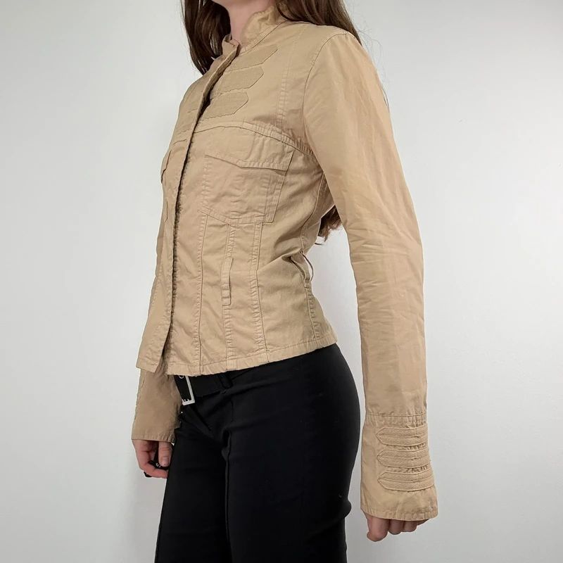 tan fitted panelled military jacket