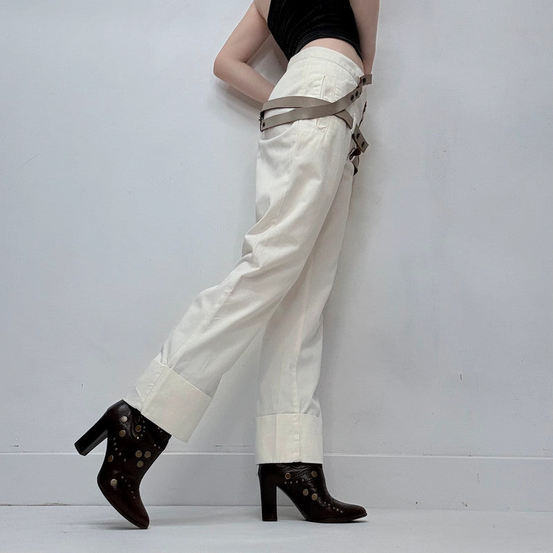 white low rise structured leather belted trousers