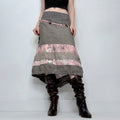grey linen asymmetric tiered midi skirt