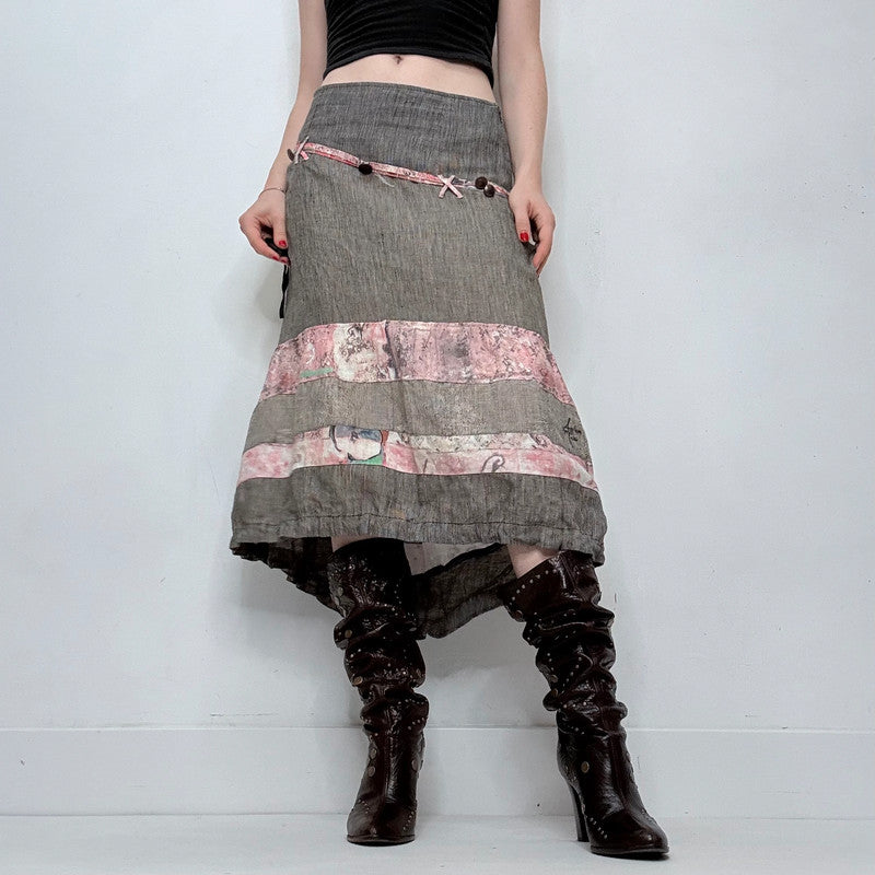 grey linen asymmetric tiered midi skirt