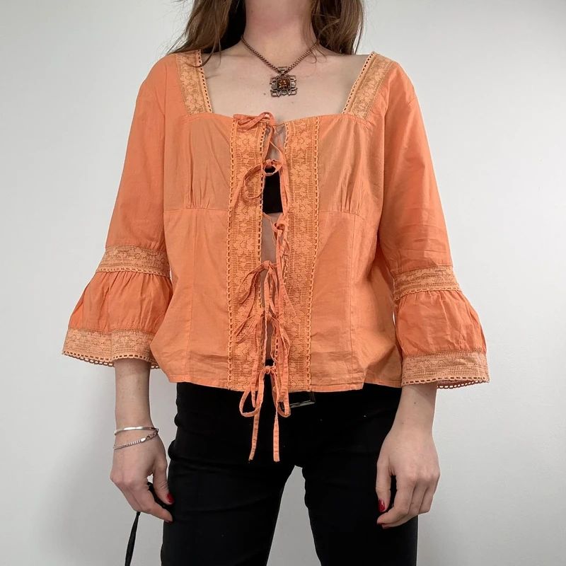 flared orange lace cotton blouse